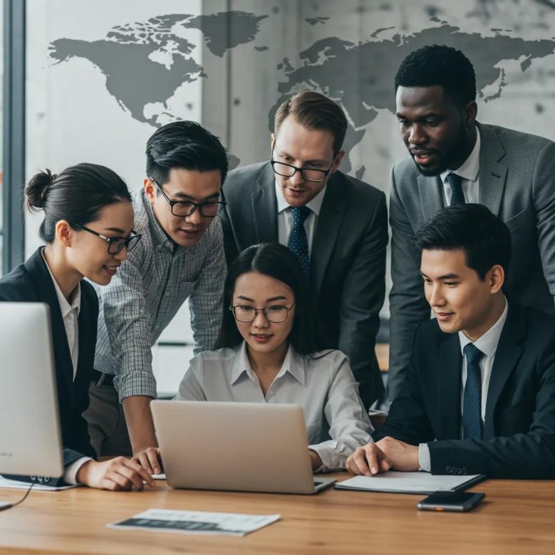 Diverse international contractors collaborating in a modern workspace