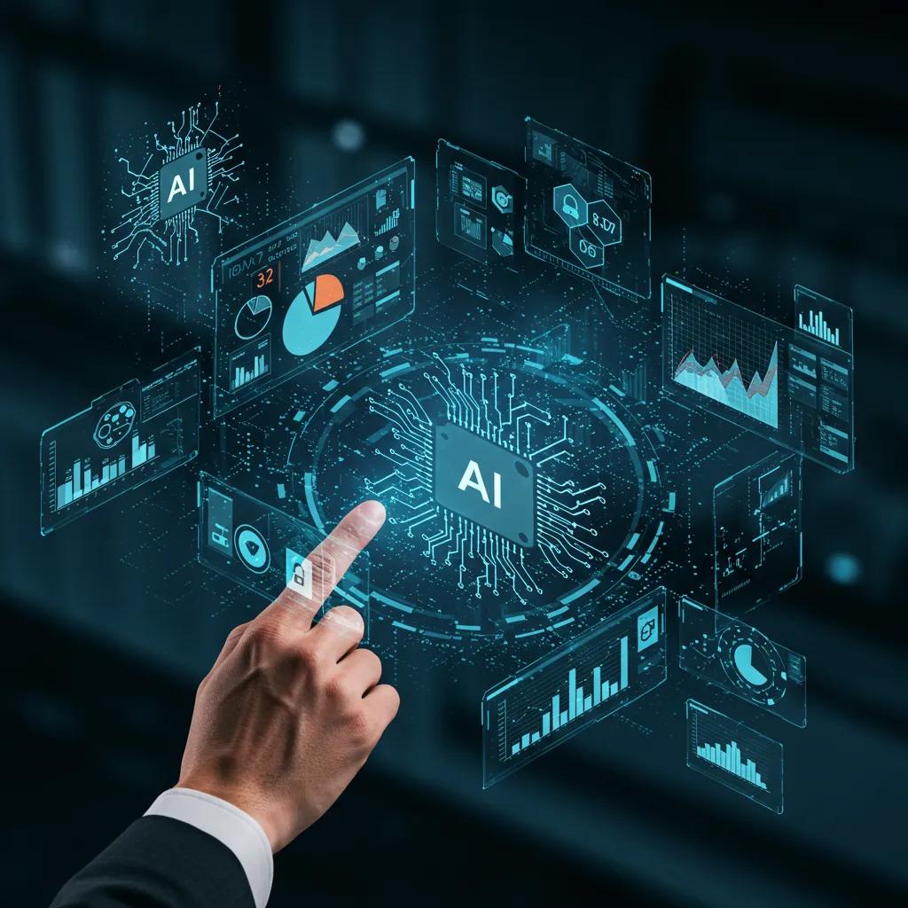 Futuristic AI technology transforming the insurance industry with digital interfaces and data analytics