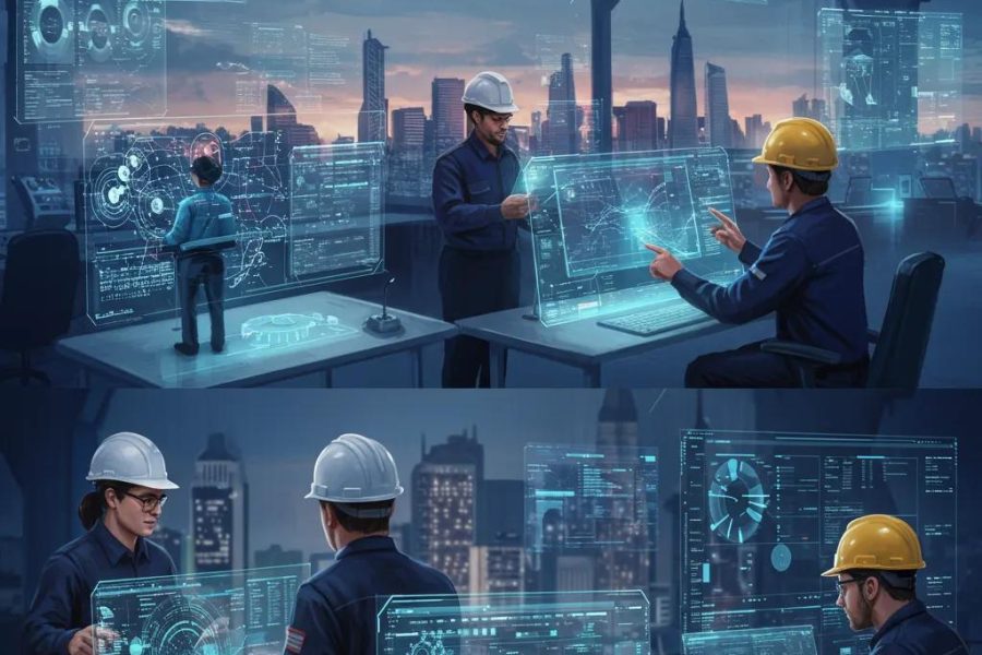 Futuristic engineering workspace showcasing digital tools and collaboration