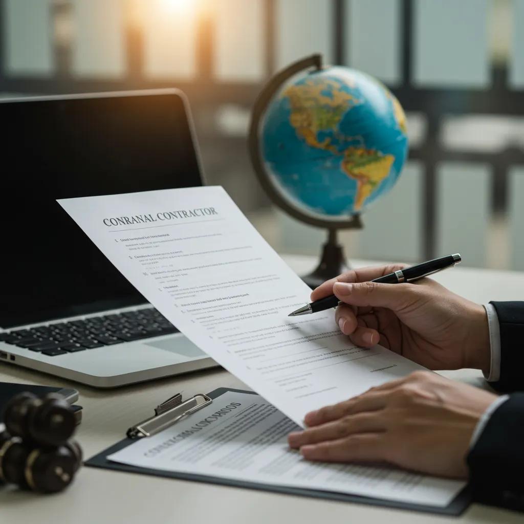 Hands reviewing legal documents for hiring international contractors