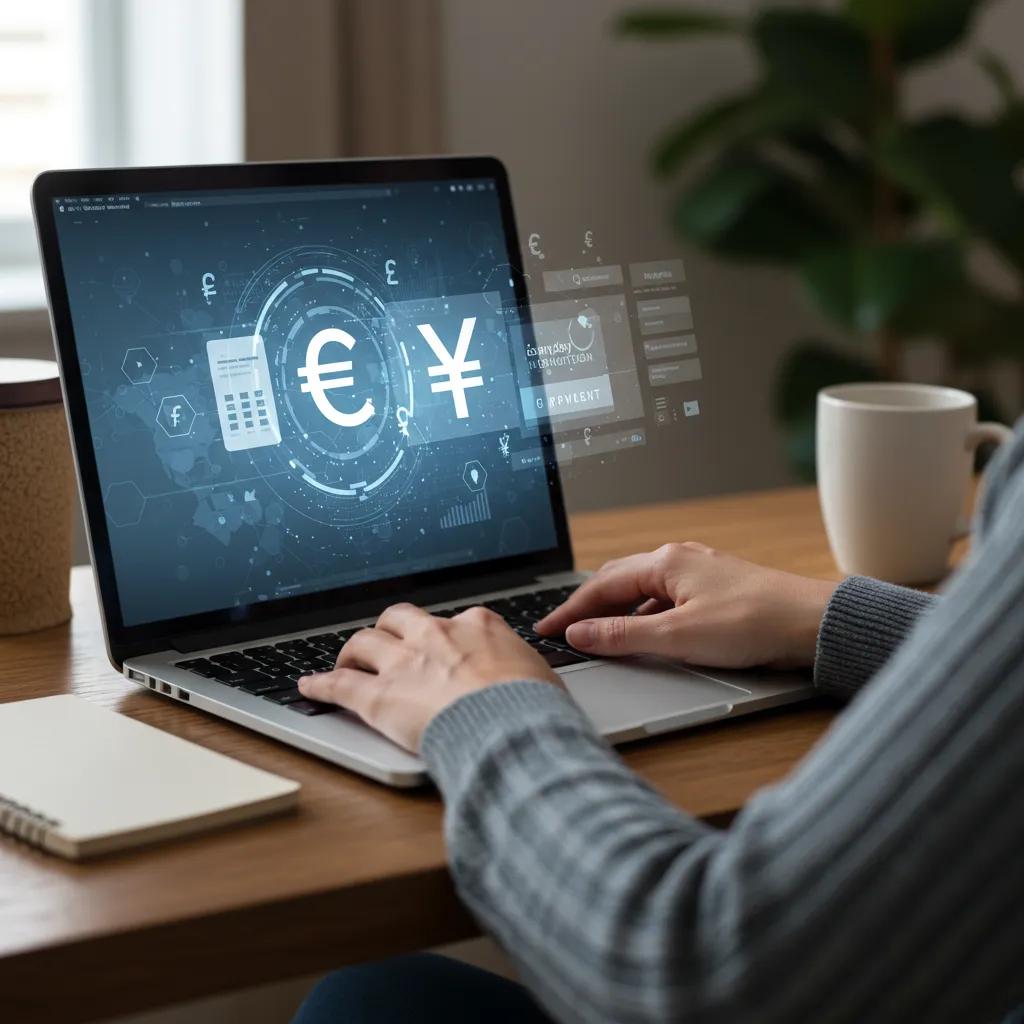 Person making an online payment for foreign contractors in a home office