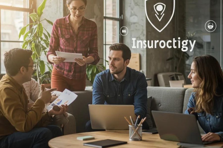 Diverse group discussing InsurTech in a modern office, highlighting trust and collaboration