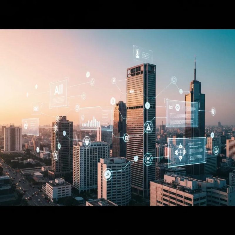 Futuristic city skyline representing the impact of technology on the insurance industry