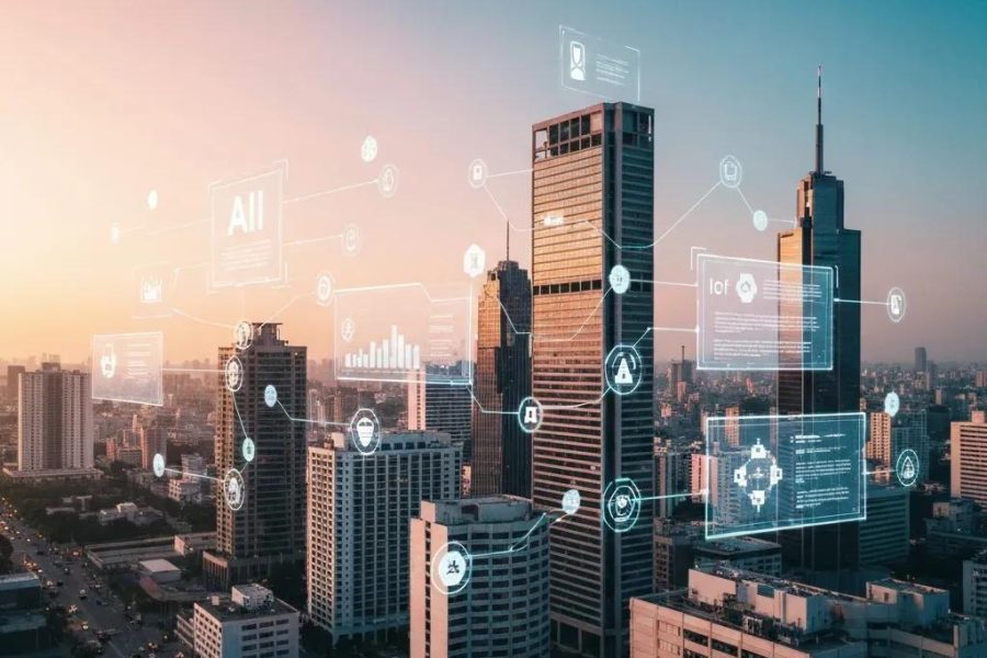 Futuristic city skyline representing the impact of technology on the insurance industry