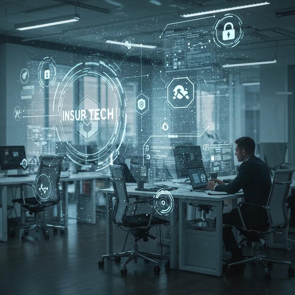 Futuristic office scene with blockchain and AI technology, representing emerging trends in InsurTech