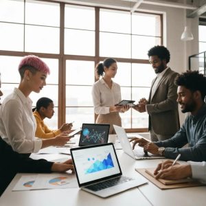 Insurance professionals collaborating with AI tools in a modern office setting