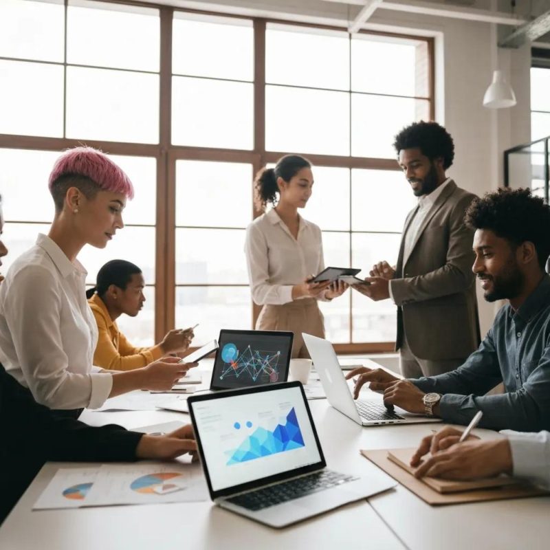 Insurance professionals collaborating with AI tools in a modern office setting