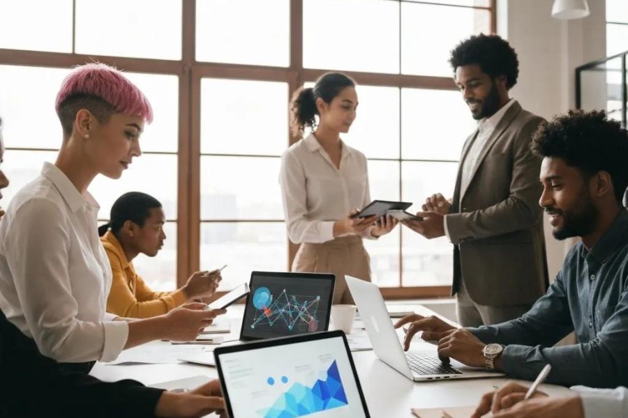 Insurance professionals collaborating with AI tools in a modern office setting