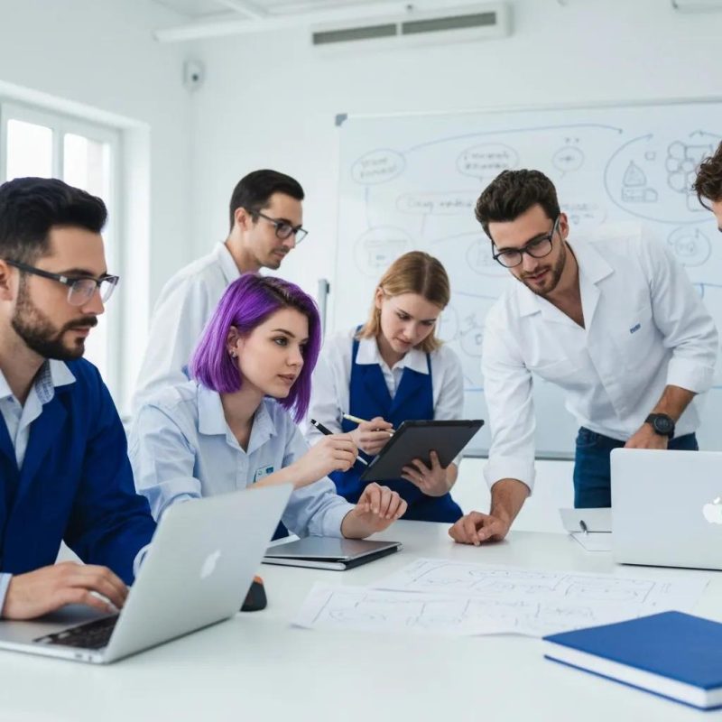 IT professionals collaborating on Microsoft technologies in a modern office setting