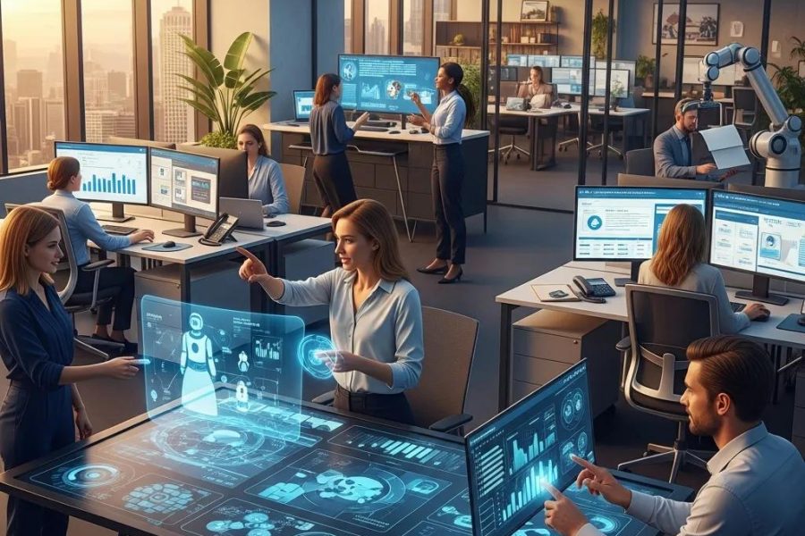 Modern insurance professionals collaborating with AI technology in a bright office setting